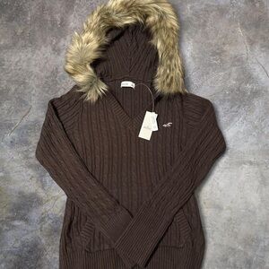 Hollister Chocolate V-Neck Sweater with Fur Trim